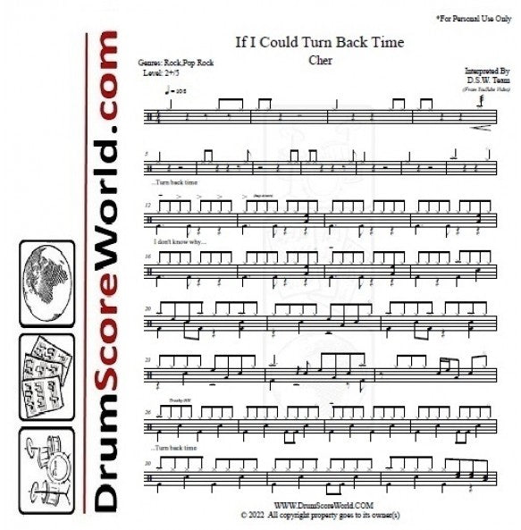 If I Could Turn Back Time - Cher - Full Drum Transcription / Drum Sheet Music - DrumScoreWorld.com