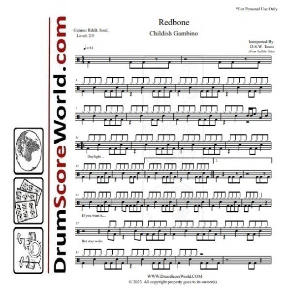 Redbone - Childish Gambino - Full Drum Transcription / Drum Sheet Music - DrumScoreWorld.com