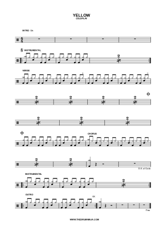 Yellow - Coldplay - Full Drum Transcription / Drum Sheet Music - AriaMus.com