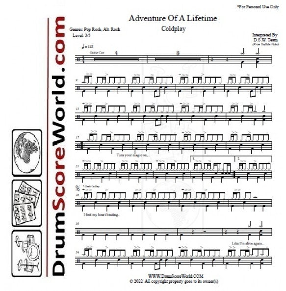 Adventure of a Lifetime - Coldplay - Full Drum Transcription / Drum Sheet Music - DrumScoreWorld.com