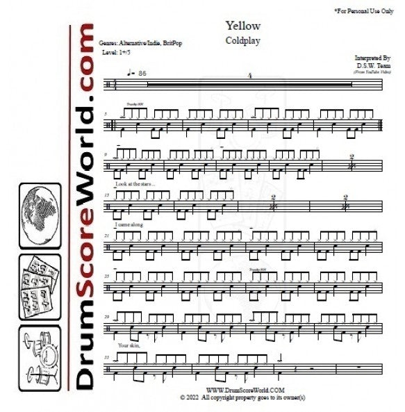 Yellow - Coldplay - Full Drum Transcription / Drum Sheet Music - DrumScoreWorld.com