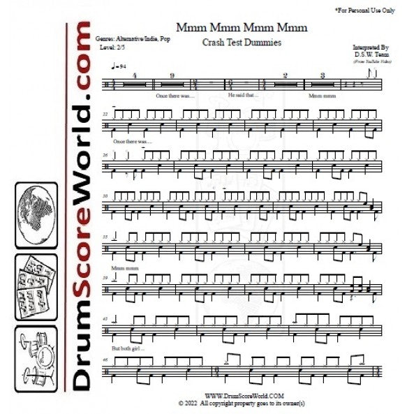 Mmm Mmm Mmm Mmm - Crash Test Dummies - Full Drum Transcription / Drum Sheet Music - DrumScoreWorld.com