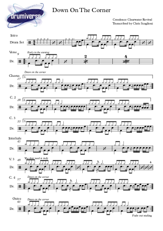 Down on the Corner - Creedence Clearwater Revival (CCR) - Full Drum Transcription / Drum Sheet Music - AriaMus.com