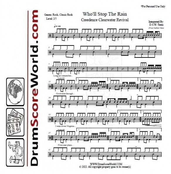Who'll Stop the Rain - Creedence Clearwater Revival (CCR) - Full Drum Transcription / Drum Sheet Music - DrumScoreWorld.com
