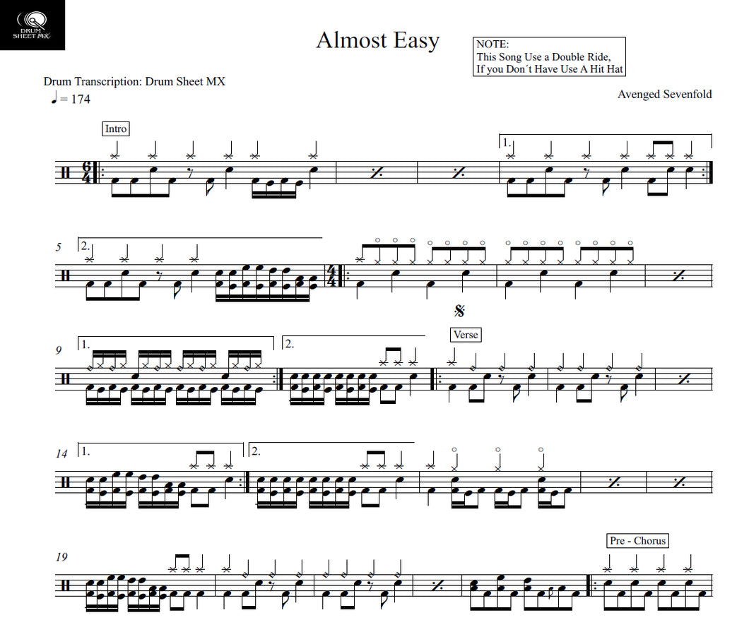 Almost Easy - Avenged Sevenfold - Full Drum Transcription / Drum Sheet Music - Drum Sheet MX