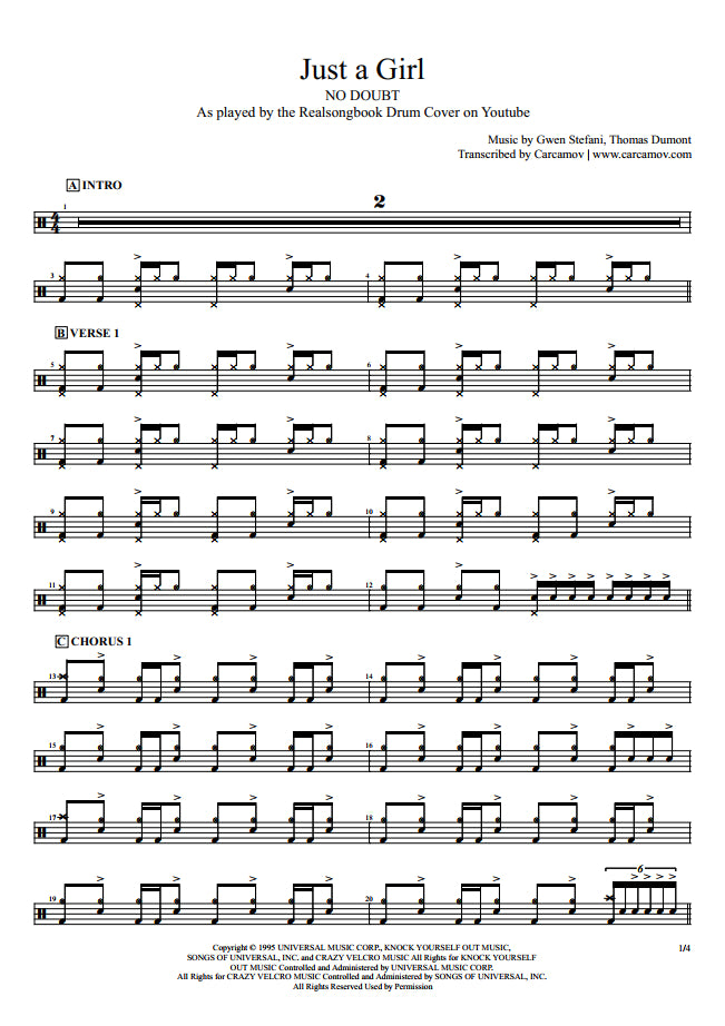 Just a Girl - No Doubt - Full Drum Transcription / Drum Sheet Music - Realsongbook