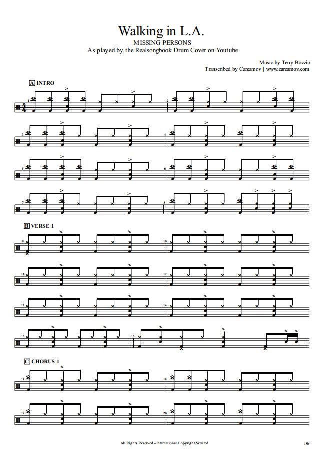 Walking in L.A. - Missing Persons - Full Drum Transcription / Drum Sheet Music - Realsongbook