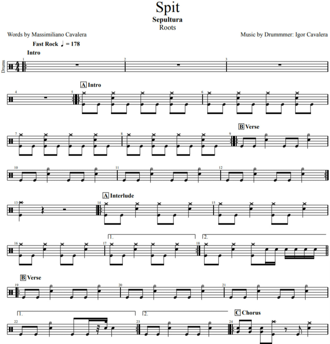 Spit - Sepultura - Rough Draft Drum Transcription / Drum Sheet Music - DrumSetSheetMusic.com