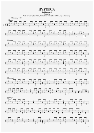 Hysteria - Def Leppard - Full Drum Transcription / Drum Sheet Music - AriaMus.com