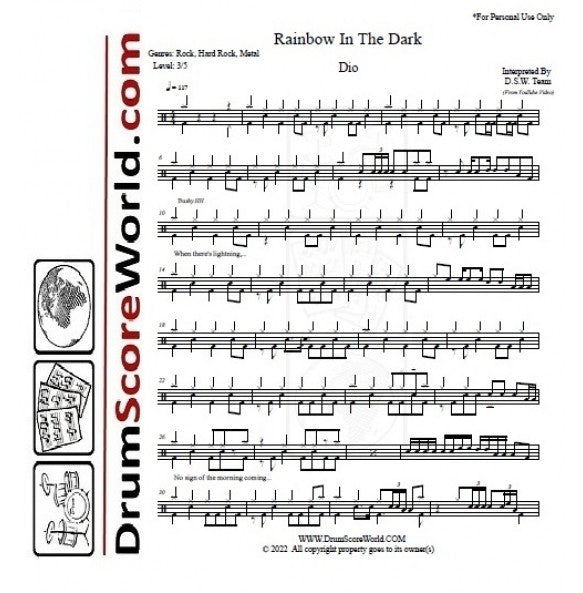 Rainbow in the Dark - Dio - Full Drum Transcription / Drum Sheet Music - DrumScoreWorld.com