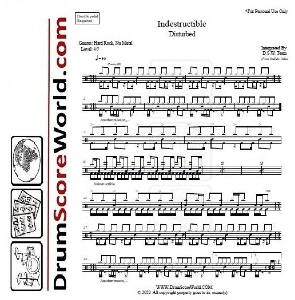 Indestructible - Disturbed - Full Drum Transcription / Drum Sheet Music - DrumScoreWorld.com