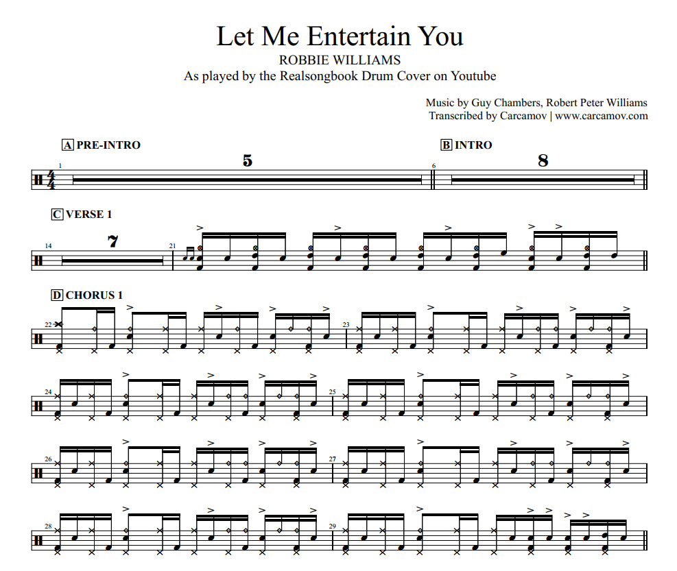 Let Me Entertain You - Robbie Williams - Full Drum Transcription / Drum Sheet Music - Realsongbook