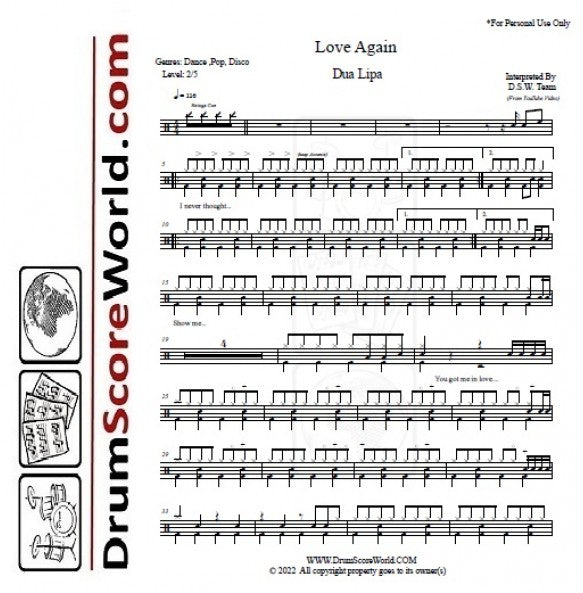 Love Again - Dua Lipa - Full Drum Transcription / Drum Sheet Music - DrumScoreWorld.com