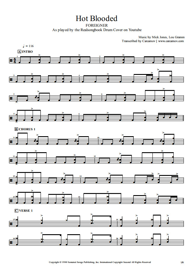 Hot Blooded - Foreigner - Full Drum Transcription / Drum Sheet Music - Realsongbook