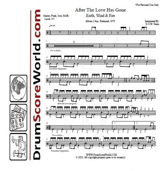 After the Love Has Gone - Earth, Wind & Fire - Full Drum Transcription / Drum Sheet Music - DrumScoreWorld.com