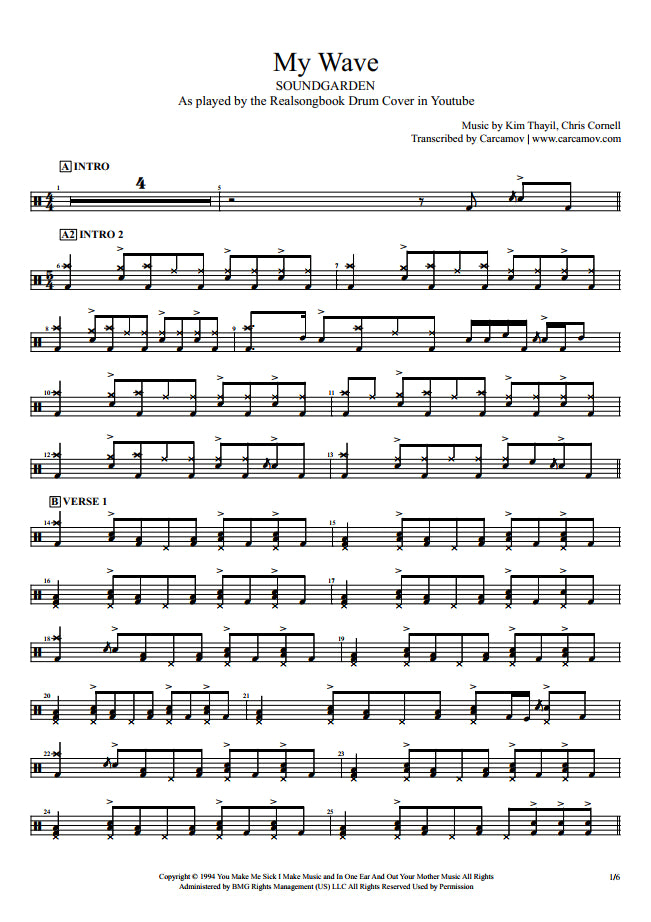 My Wave - Soundgarden - Full Drum Transcription / Drum Sheet Music - Realsongbook