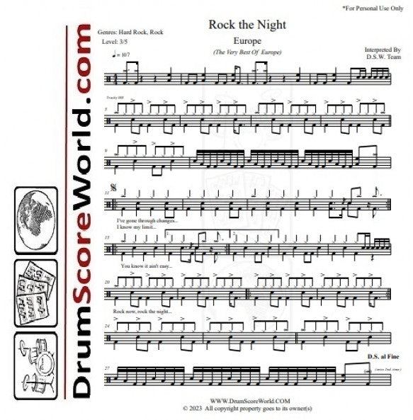 Rock the Night - Europe - Full Drum Transcription / Drum Sheet Music - DrumScoreWorld.com
