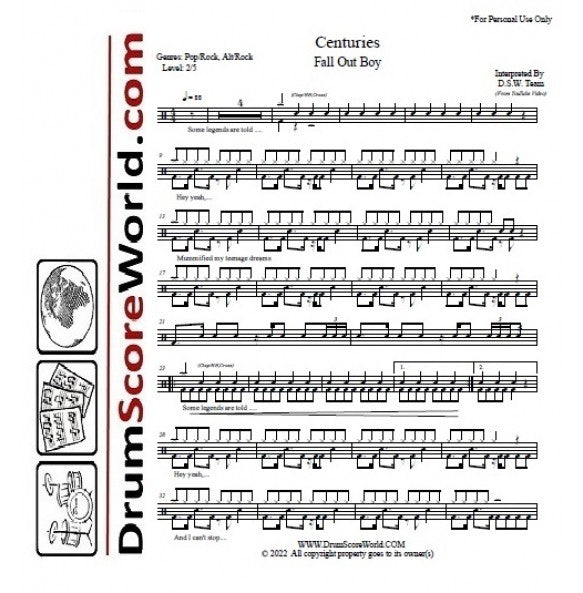 Centuries - Fall Out Boy - Full Drum Transcription / Drum Sheet Music - DrumScoreWorld.com