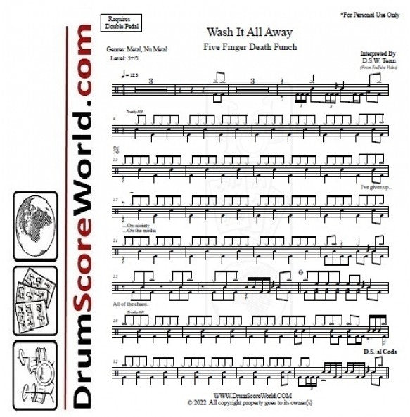 Wash It All Away - Five Finger Death Punch - Full Drum Transcription / Drum Sheet Music - DrumScoreWorld.com