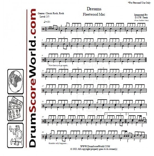 Dreams - Fleetwood Mac - Full Drum Transcription / Drum Sheet Music - DrumScoreWorld.com