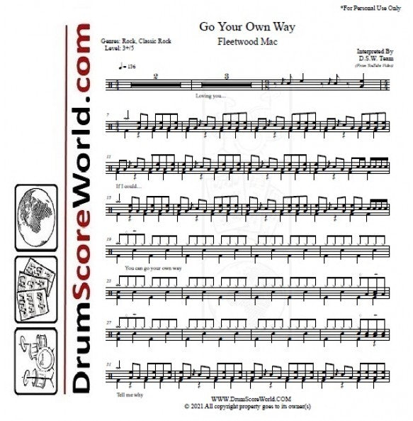 Go Your Own Way - Fleetwood Mac - Full Drum Transcription / Drum Sheet Music - DrumScoreWorld.com