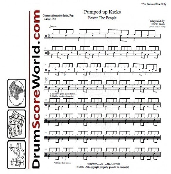 Pumped Up Kicks - Foster the People - Full Drum Transcription / Drum Sheet Music - DrumScoreWorld.com