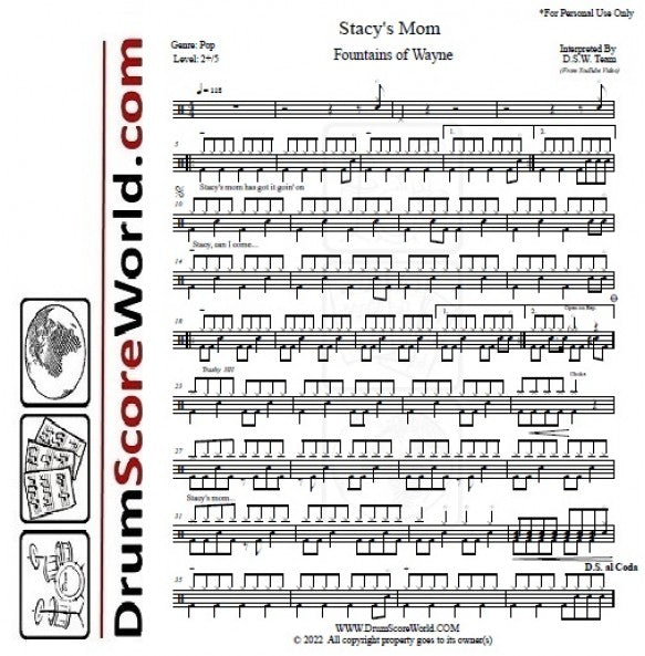 Stacy's Mom - Fountains of Wayne - Full Drum Transcription / Drum Sheet Music - DrumScoreWorld.com