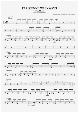 Parisienne Walkways - Gary Moore - Full Drum Transcription / Drum Sheet Music - AriaMus.com