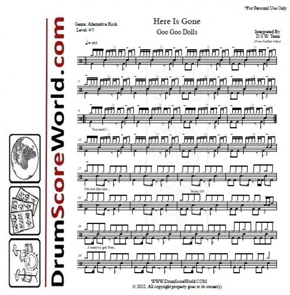 Here Is Gone Goo Goo Dolls Drum Sheet Music DrumScoreWorld Here is gone goo goo dolls drum sheet music drumscoreworld