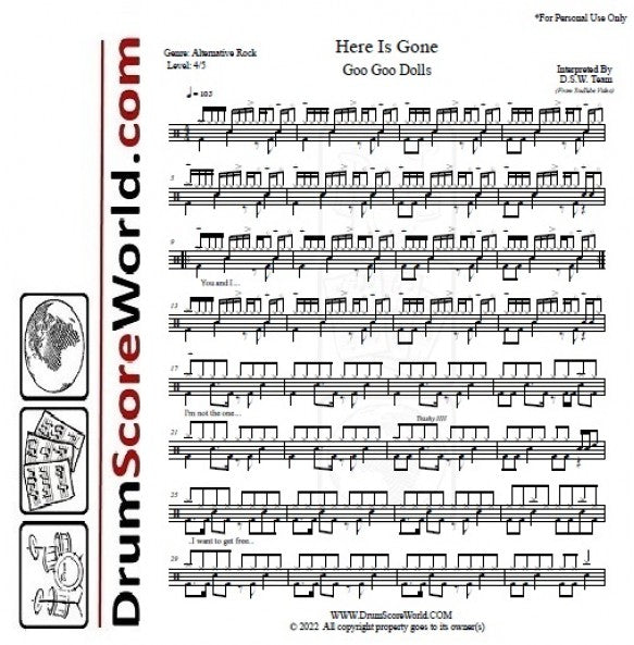 Here Is Gone - Goo Goo Dolls - Full Drum Transcription / Drum Sheet Music - DrumScoreWorld.com