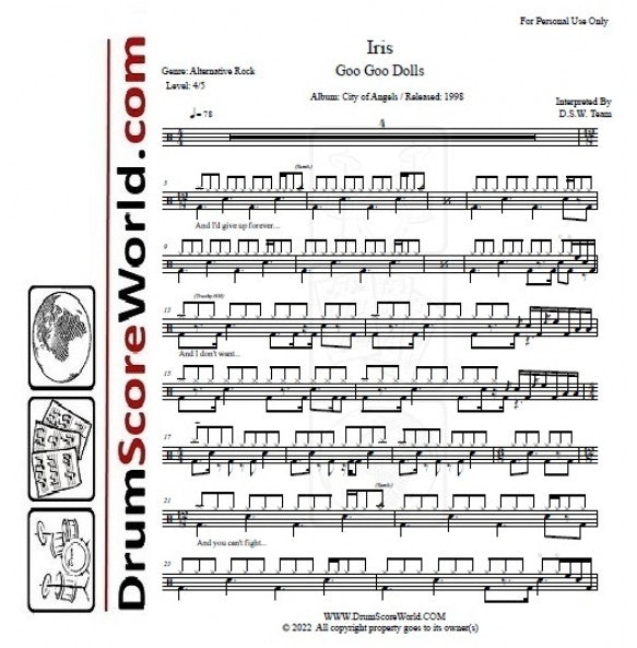 Iris - Goo Goo Dolls - Full Drum Transcription / Drum Sheet Music - DrumScoreWorld.com