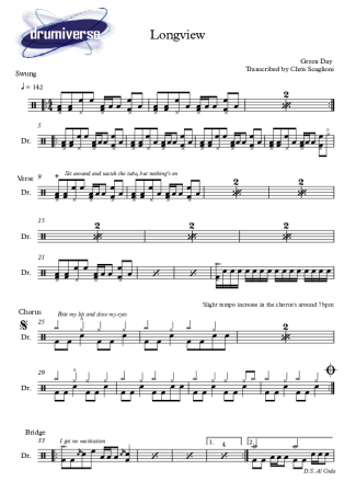 Longview - Green Day - Full Drum Transcription / Drum Sheet Music - AriaMus.com