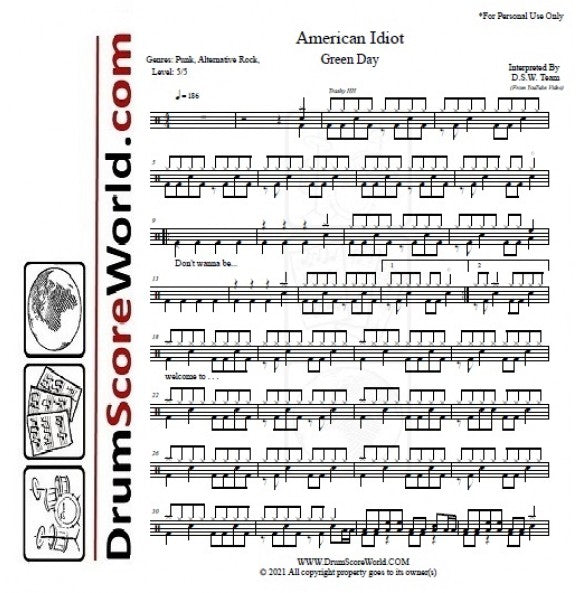 American Idiot Green Day Drum Sheet Music