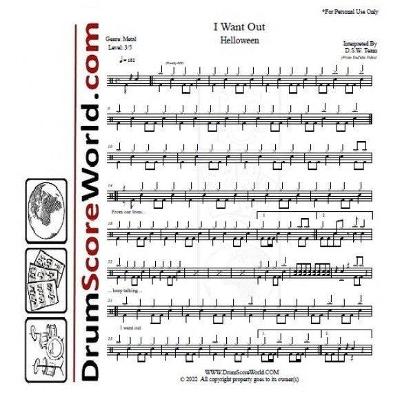 I Want Out - Helloween - Full Drum Transcription / Drum Sheet Music - DrumScoreWorld.com