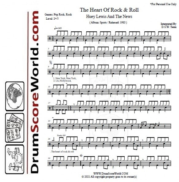 The Heart of Rock & Roll - Huey Lewis and the News - Full Drum Transcription / Drum Sheet Music - DrumScoreWorld.com