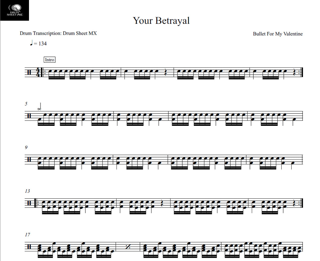 Your Betrayal - Bullet for My Valentine - Full Drum Transcription / Drum Sheet Music - Drum Sheet MX
