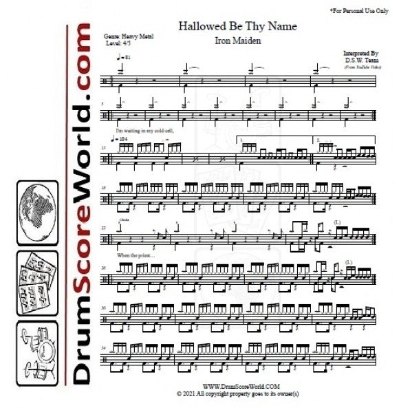 Hallowed Be Thy Name - Iron Maiden - Full Drum Transcription / Drum Sheet Music - DrumScoreWorld.com