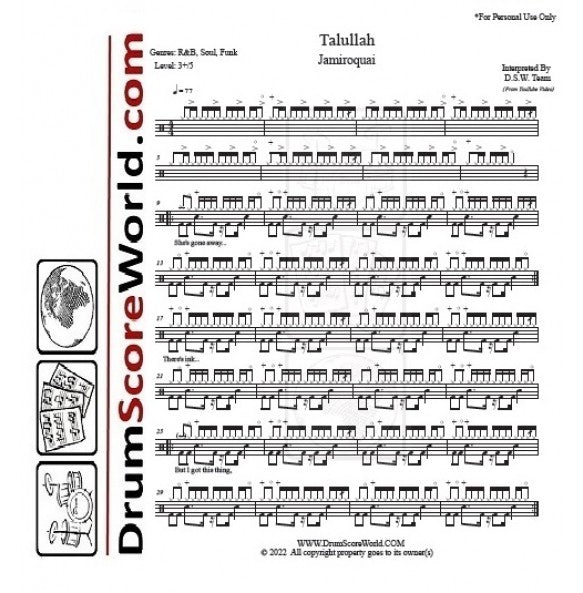Talullah - Jamiroquai - Full Drum Transcription / Drum Sheet Music - DrumScoreWorld.com