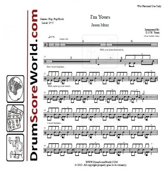 I'm Yours - Jason Mraz - Drum Sheet Music - DrumScoreWorld.com