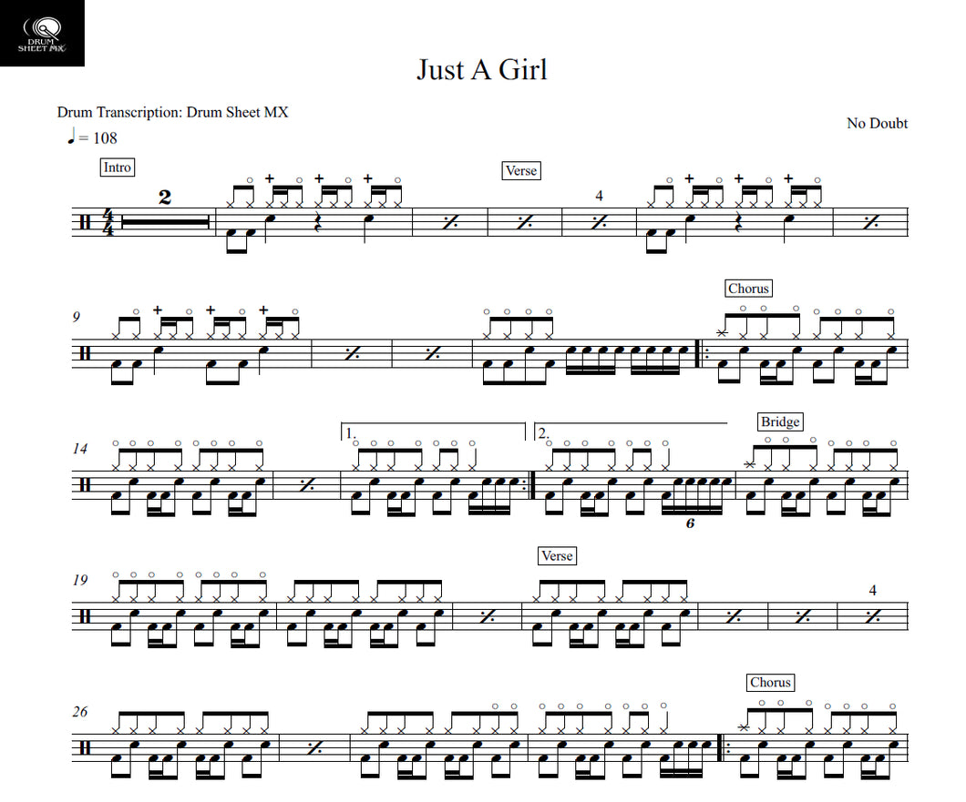 Just a Girl - No Doubt - Full Drum Transcription / Drum Sheet Music - Drum Sheet MX