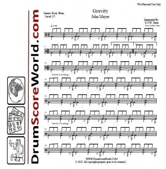 Gravity - John Mayer - Full Drum Transcription / Drum Sheet Music - DrumScoreWorld.com
