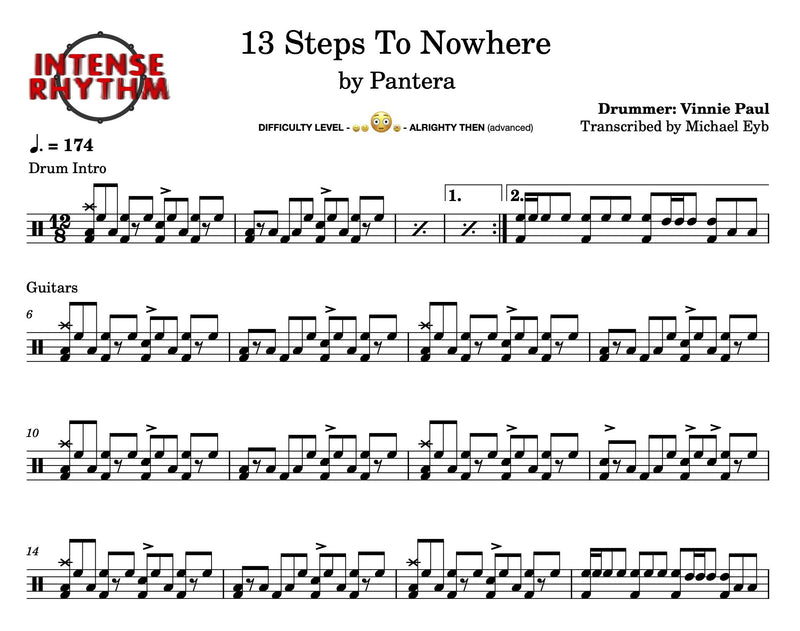 13 Steps to Nowhere - Pantera - Drum Sheet Music - Intense Rhythm