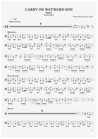 Carry on Wayward Son - Kansas - Full Drum Transcription / Drum Sheet Music - AriaMus.com
