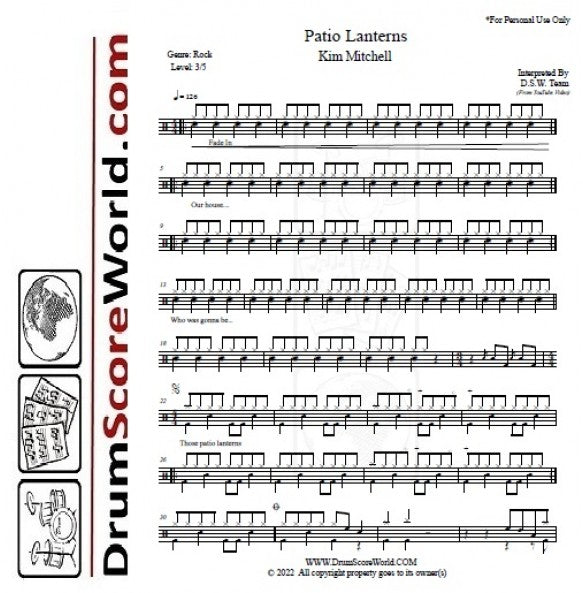 Patio Lanterns - Kim Mitchell - Full Drum Transcription / Drum Sheet Music - DrumScoreWorld.com