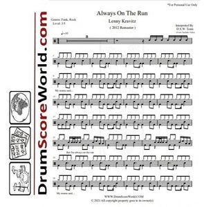 Always on the Run - Lenny Kravitz - Full Drum Transcription / Drum Sheet Music - DrumScoreWorld.com