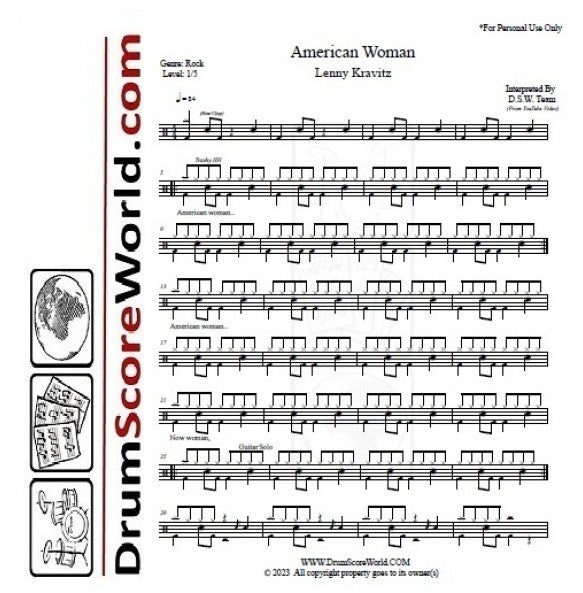 American Woman - Lenny Kravitz - Full Drum Transcription / Drum Sheet Music - DrumScoreWorld.com