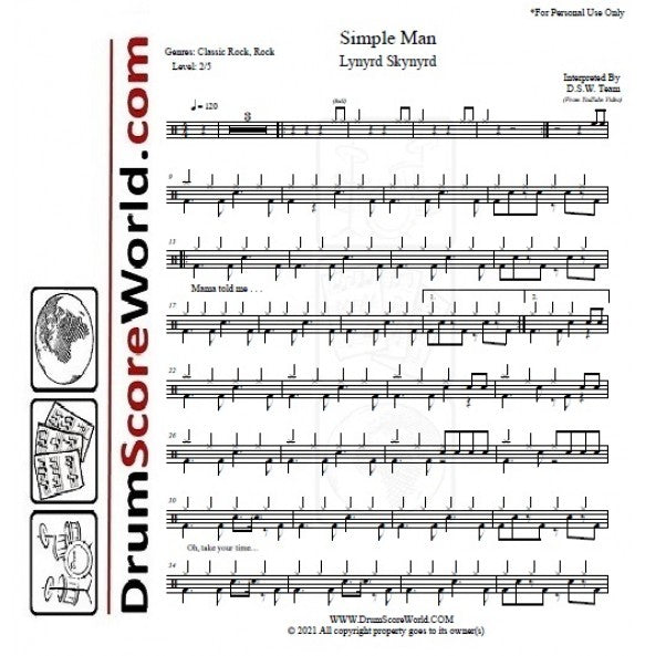 Simple Man - Lynyrd Skynyrd - Full Drum Transcription / Drum Sheet Music - DrumScoreWorld.com