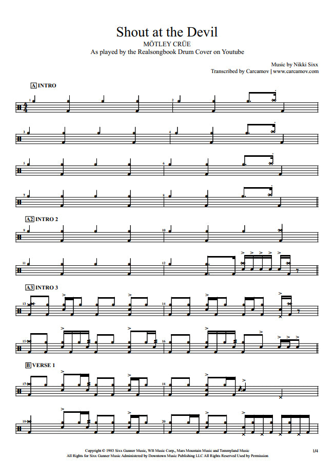 Shout at the Devil - Mötley Crüe - Full Drum Transcription / Drum Sheet Music - Realsongbook