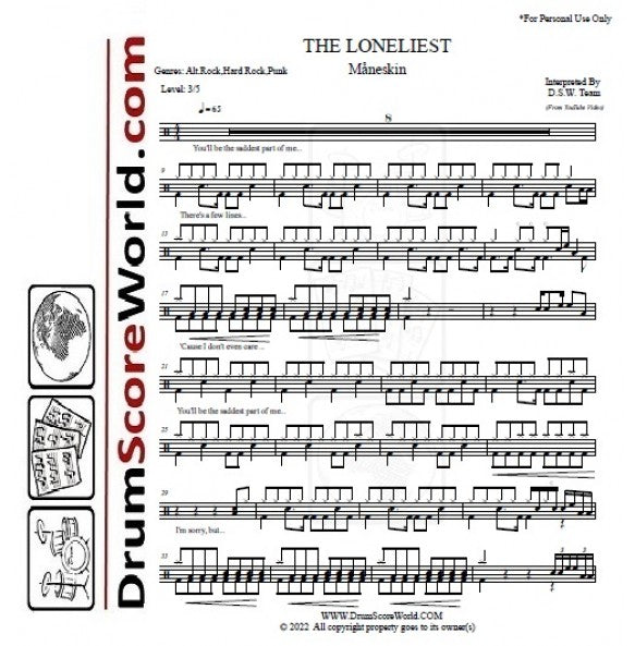 The Loneliest - Måneskin - Full Drum Transcription / Drum Sheet Music - DrumScoreWorld.com