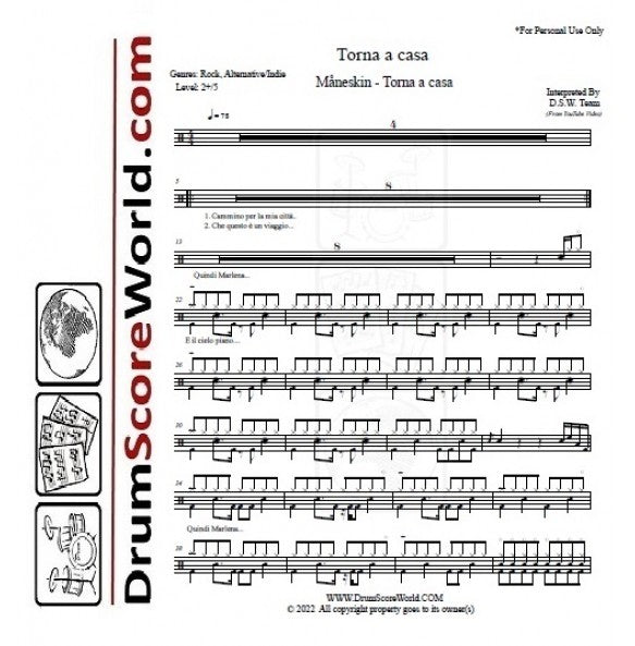 Torna a Casa - Måneskin - Full Drum Transcription / Drum Sheet Music - DrumScoreWorld.com